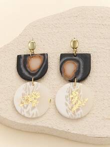 1 Pair Fashion Retro Premium Polymer Clay And Metal Drop Earrings With Marbled Agate Texture Gilding Detail Asymmetrical Geometric Shape Decor Dangle Earrings For Young Females Weekend Hangout Art Exhibition Wear And Retro Luxury Style Enthusiasts Party Daily Accessories - Multicolored Gilded Pottery - View 14