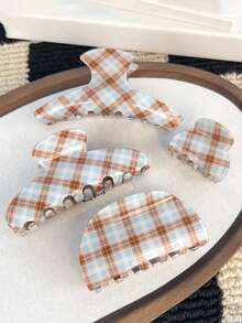 1个优雅半圆形椭圆形一体式拱形浅蓝色和棕色条纹格子发爪，时尚个性化发夹，适合日常外出和休闲聚会 - 彩色 - 查看 1