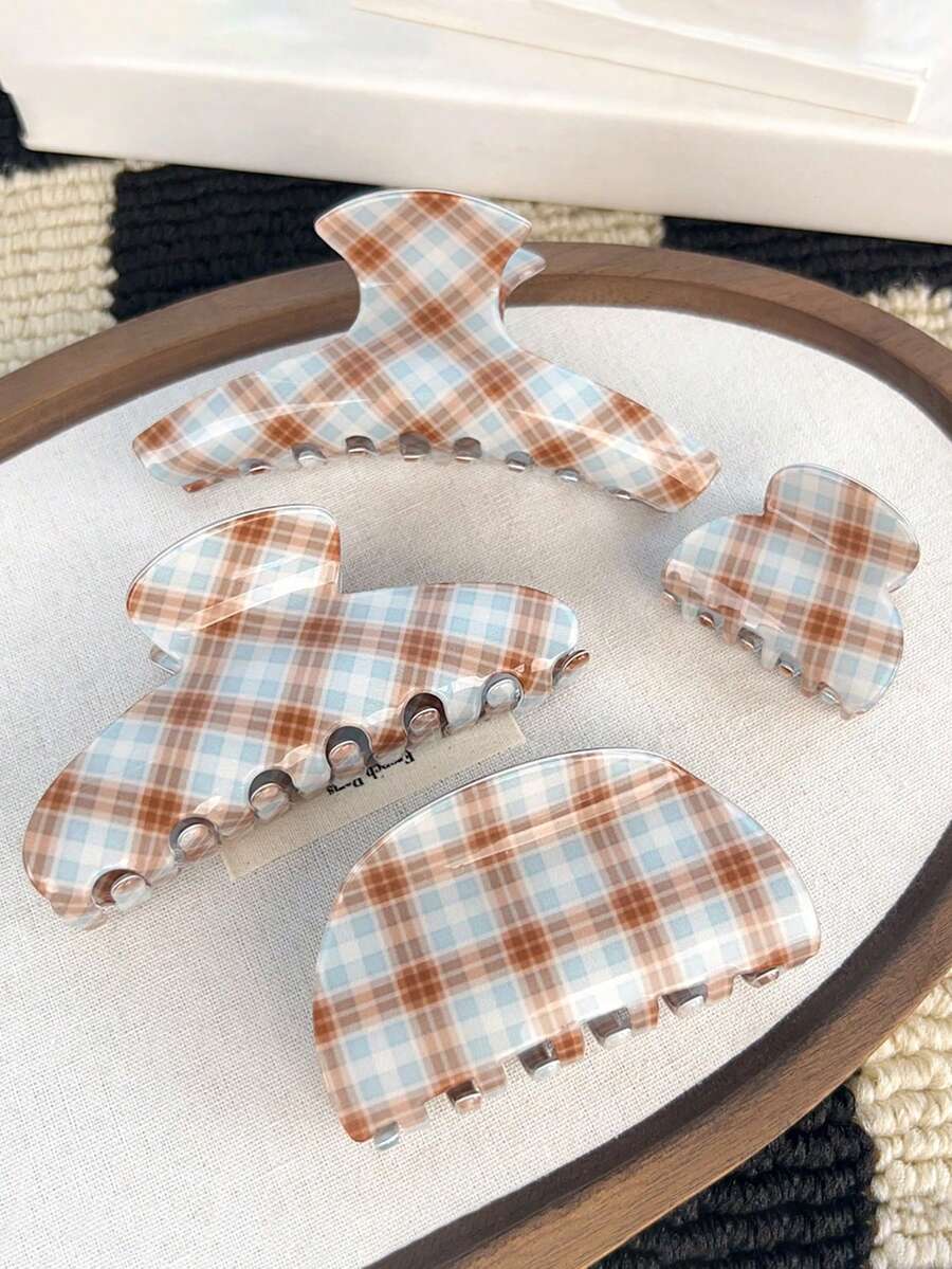 1个优雅半圆形椭圆形一体式拱形浅蓝色和棕色条纹格子发爪，时尚个性化发夹，适合日常外出和休闲聚会 - 彩色 - 查看 1