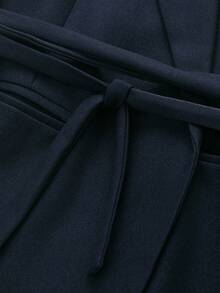 Women's Solid Color Lapel Neck Tie Blended Jacket Spring - Navy Blue - View 4