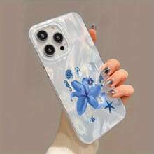 Un patrón de flor de lirio azul, estrella de mar y concha adecuado para fundas de TPU para iPhone 16 Pro Max, compatible con iPhone 15 Pro Max/14/16 Plus/15/13 Pro/12/11/X/Xr/Xs Max, con una funda protectora elegante y transparente que es amigable para negocios y resistente a caídas. - Plateado - Ver 6