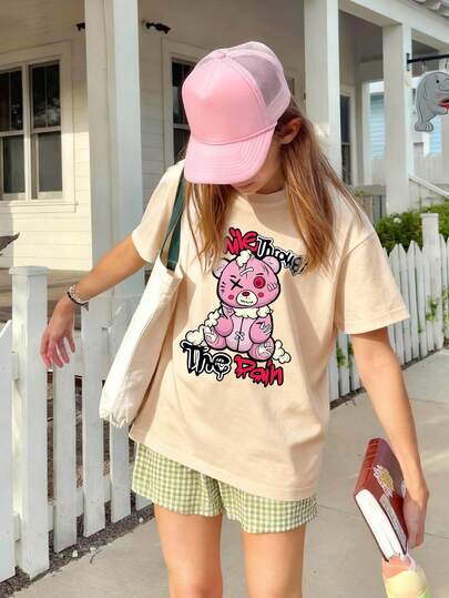 Áo thun ngắn tay cổ tròn in họa tiết màu mơ, kiểu dáng thường ngày cho bé gái tuổi teen, thích hợp mặc mùa hè.