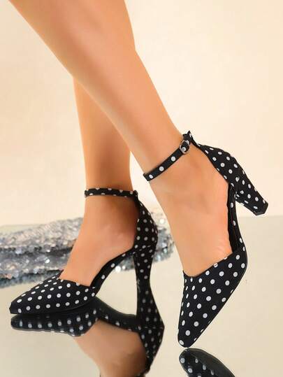 Retro Black & White Polka Dot Backstrap Sandals, Summer New Versatile Pointed Toe Stiletto High Heel Shoes For Women