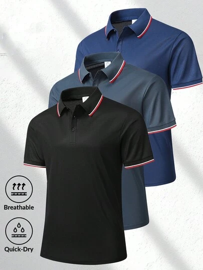 男士夏季休闲简约商务Polo衫，领口和袖口饰有条纹，适合正式场合、工作通勤和日常穿着，也可作为复活节衬衫或开斋节服装。