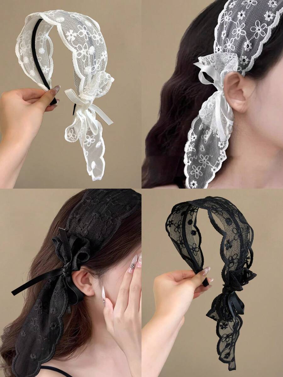 2件装 女士印花网纱蕾丝蝴蝶结发箍，波西米亚风，发饰，适合日常佩戴、拍照、女士配饰、礼物，发带头饰发箍 - 乾枯玫瑰色 - 查看 1