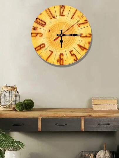 1pc Modern Minimalist Wooden Tree Stump Grain Wall Clock - Swiss Quartz Silent Movement, 10/12 Inch Round Analog Clock With Hands And Gold Numbers, Plastic Wood Frame For Bedroom, Living Room, Office, Kitchen