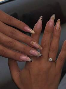 10片手工制作杏仁形乳白色斑马纹法式雕花美甲贴纸，饰以手工3D五瓣花和手绘斑马纹法式图案，并以3D金色圆圈和线条点缀。 - 彩色 - 查看 10