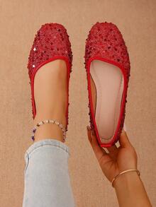 New Women Flat Sequin Square Toe Fashion Casual Breathable Non-Slip Practical Minimalist Beach Outdoor Daily Wear Shoes - Red - View 7