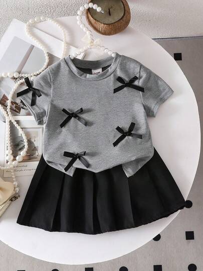 2pcs Baby Girls' 3D Bow T-Shirt And Pleated Skirt Set, Cute Casual Outfit For Outdoor Play, Sweet & Cool Style