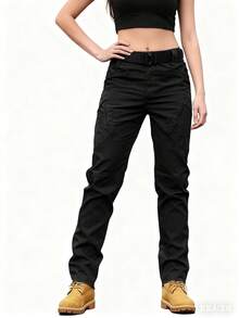 Streetwear Casual Commute Pocket Work Pants Lightweight Wide Leg Waist Cinched Travel Pants, Black Work Pants, Multifunctional Pockets, Outdoor Casual Loose Fit, Breathable Material, Suitable For Outdoor Enthusiasts - 黑色 - 查看 1