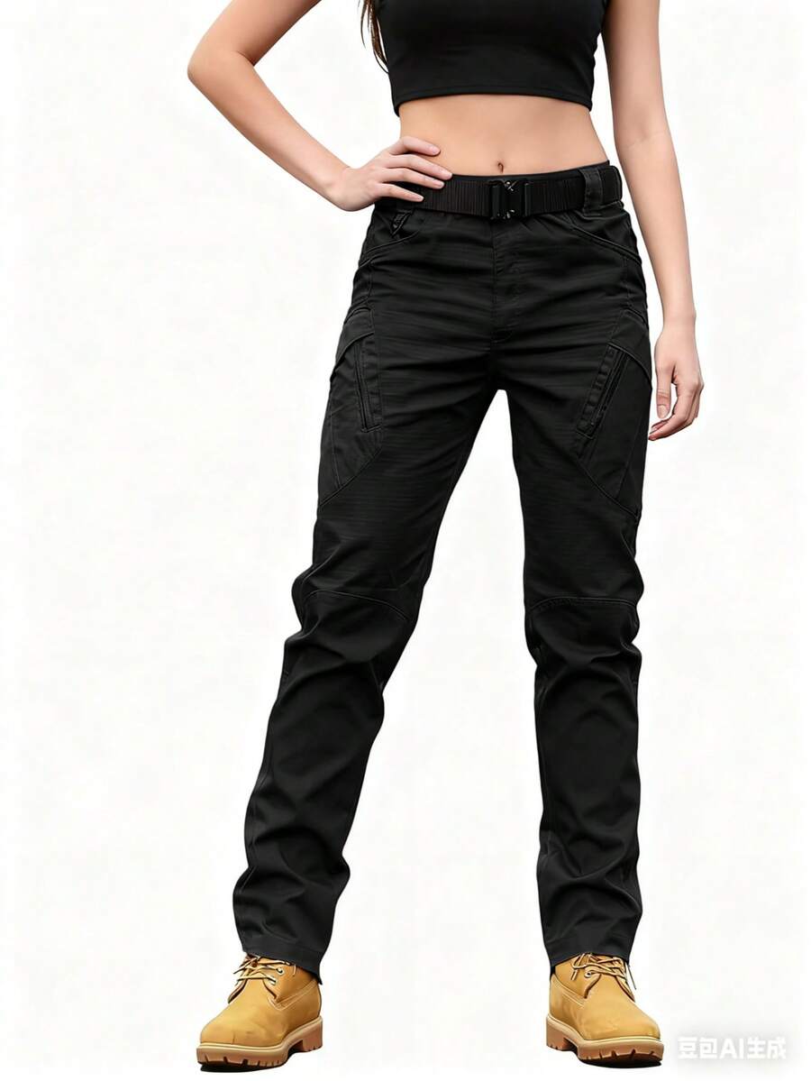 Streetwear Casual Commute Pocket Work Pants Lightweight Wide Leg Waist Cinched Travel Pants, Black Work Pants, Multifunctional Pockets, Outdoor Casual Loose Fit, Breathable Material, Suitable For Outdoor Enthusiasts - 黑色 - 查看 1