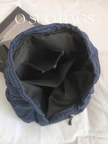 大容量时尚格子多口袋尼龙休闲背包，防水轻便可折叠抽绳字母贴布旅行包，夏季