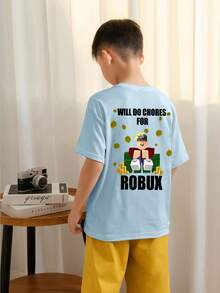 男孩和青少年学生休闲印花圆领短袖T恤，夏季上衣