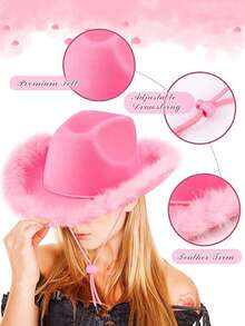 1/3/6 粉色单顶牛仔帽，带羽毛装饰，圣诞帽，舞蹈帽，音乐节 Y2K 风格，返校嘉年华西部牛仔设计，适合女性，可用于生日、婚礼、单身派对、新娘派对、订婚礼物等场合。 - 派對帽 - 查看 4