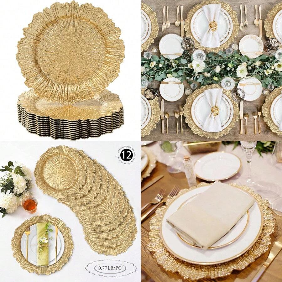 Gold Charger Plates Set Of 12 Reef Plate Chargers For Dinner Plate Round Plastic Table Chargers For Thanksgiving Christmas - Vàng - Xem 1