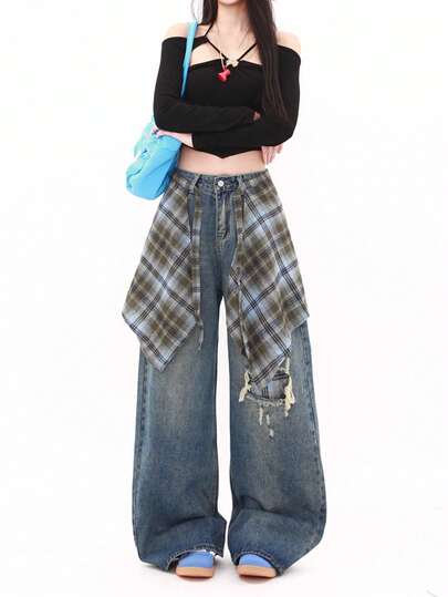 女士格子破洞翻边直筒牛仔裤，复古直筒裤（带翻边）春季款