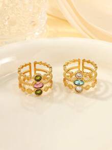 两件套不锈钢优雅金色开口戒指，镶嵌粉色和蓝色宝石，适合女士日常佩戴或作为礼物 - 金黃色 - 查看 3