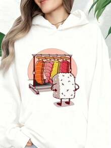 Women'S Japanese Anime Sushi Roll Graphic Hoodie - Cute Chibi Sushi Character Sweater With Mochi Pocket, Soft Pink & Grey Casual Pullover For Easter, Valentine'S Day, Mother'S Day Gifts, Cozy Fall/Winter Sweater For Anime Fans & Japanese Lovers - 白色 - 查看 1