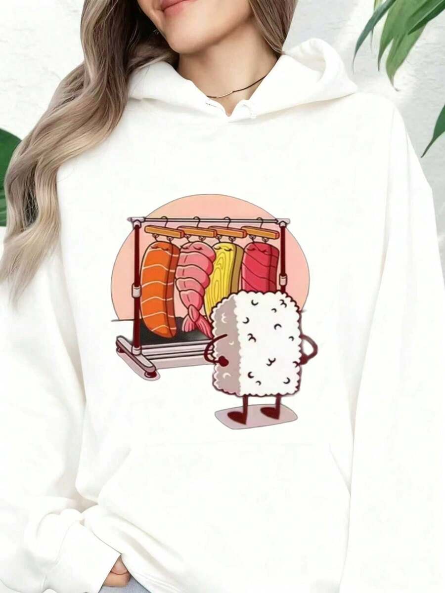 Women'S Japanese Anime Sushi Roll Graphic Hoodie - Cute Chibi Sushi Character Sweater With Mochi Pocket, Soft Pink & Grey Casual Pullover For Easter, Valentine'S Day, Mother'S Day Gifts, Cozy Fall/Winter Sweater For Anime Fans & Japanese Lovers - 白色 - 查看 1