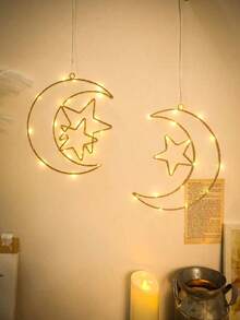 1 Warm Light Moon Hugging Double Star Multi Style Iron Ring LED Decorative Light, Moon, Moon Hugging Star, Moon Hugging Double Star, Moon Hugging Candle Star, With Flashing Function Like A Sky Full Of Stars, Multiple Styles Suitable For Holiday Decoration, Bedrooms, Wedding Parties, Holiday Decoration Lights (Excluding Batteries) - 暖光 - 查看 2