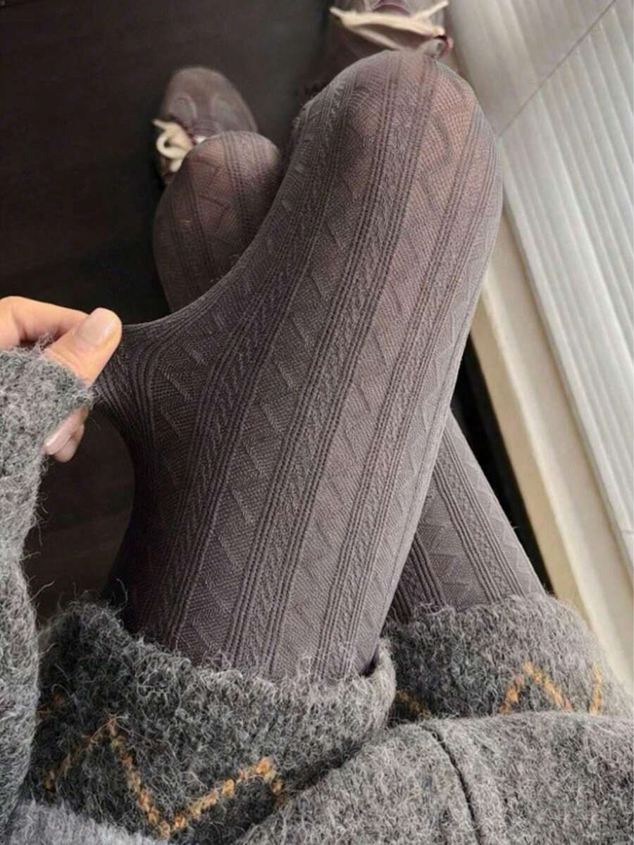 1条女士休闲百搭棕色纹理高弹力连裤袜,复古图案,适合春秋季穿着,舒适保暖 - 咖啡棕 - 查看 1