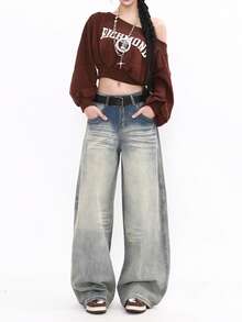 Vintage Washed Cat Whisker Low Waist Wide Leg Jeans Spring Casual - Blue - View 6
