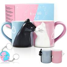 Juego de tazas de café con diseño de gato beso, juego de tazas de cerámica para novia y novio, regalo a juego para cumpleaños, aniversario, boda, compromiso, día de San Valentín, novia, esposa (taza de gato) - 1 - Ver 10