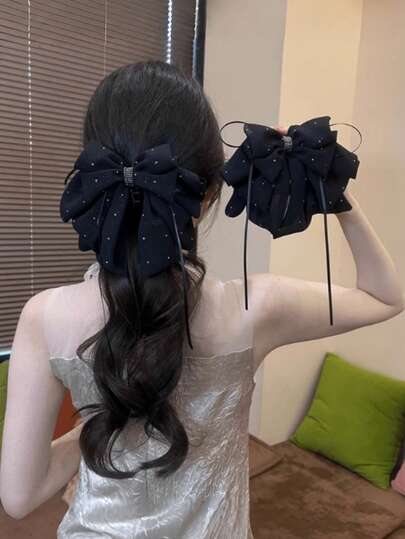 1个优雅星空网纱蝴蝶结发夹，温柔公主风发夹，女孩蝴蝶结马尾夹，星空吊坠优雅发夹，半拉链设计，完美适用于节日、派对、婚礼、情人节等各种场合。时尚发饰，优雅发爪，女士发夹，休闲发卡。