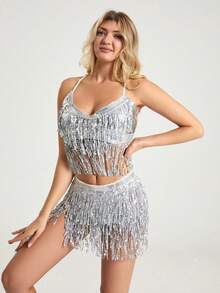 流苏亮片肚皮舞胸衣上装，细肩带胸罩，拉丁舞裙，肚皮舞链条流苏腰带，适合泰式/阿拉伯舞服装