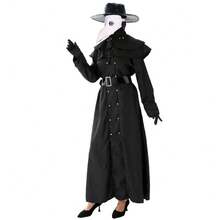 Women's/Men's Plague Doctor Outfit Complete Set: Robe Dress, Bird Mask,Hat, Leather Gloves, Belt, Hooded Shawl, Cross Charm - Black - View 7