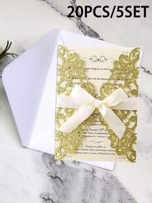 40 piezas/10 sets Invitaciones de boda con forma de rosa hueca dorada con brillo, con sobres y tarjetas de respuesta, adecuadas para bodas, despedidas de soltera, fiestas de compromiso, banquetes, tamaño de invitación 5*7 pulgadas, incluye cinta de satén anudada previamente - Multicolor - Ver 13