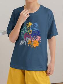 Casual Print Gray & Blue Round Neck Pullover Short Sleeve T-Shirt For Boys & Teenagers, Summer - Dusty Blue - View 2