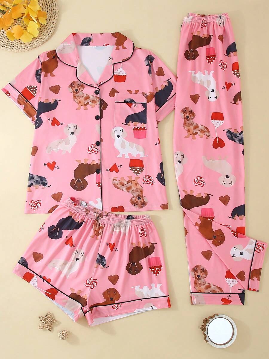 3 piezas Conjunto de ropa de dormir para mujer, camisa de manga corta, pantalones cortos y pantalones, bata con botones, ropa de estar por casa casual con estampado de perro salchicha, cómoda y holgada, adecuada para todas las estaciones, ideal para regalar - Rosa - Ver 1