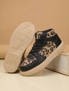 Women's Leopard Print High-Top Casual Sneakers | With Cushioned Insole, Breathable Mesh PU Upper And Round Toe - Suitable For Casual, Sports, Athleisure Wear - Leopard Spot Print Gift Shoes, Women's Athletic Shoes, Training/Workout Shoes - Black - View 4