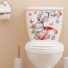 1张可移除卡通兔子、彩蛋、花朵、蝴蝶图案马桶贴纸，适合复活节、春季卧室和浴室家居装饰 - 彩色 - 查看 5