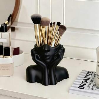 1pc Face Shaped Makeup Brush Holder | Plastic Material, Unisex, Lightweight & Portable, No Assembly Required, Suitable For Vanity, Bathroom, Office Desk, Multi-Functional Large Capacity Cosmetic Storage Box With Drawer | Durable Plastic Material, Suitable For Storing Skincare, Makeup Brushes, Beauty Tools, Perfume And Nail Care Products