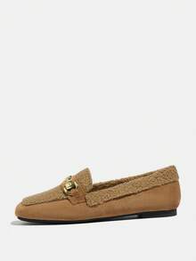 棕色平底玛丽珍鞋，百搭复古时尚户外低跟女鞋，豹纹印花，冬季乐福鞋，套脚式毛绒保暖方头鞋 - 棕色 - 查看 4