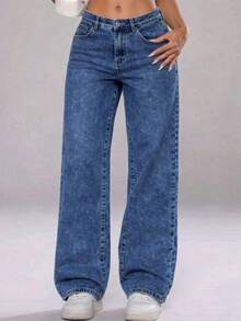 Women's Jeans, Loose-Fitting Women's Straight Pants, Women's Wide-Leg Jeans, Women's Jeans With Pockets, Stretchy, Loose, Wide Legs, Universal, Casual. - Snowflake Blue - View 2