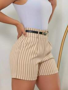 Button Pocket With Belt, Office, Beach - 棕色條紋 - 查看 2