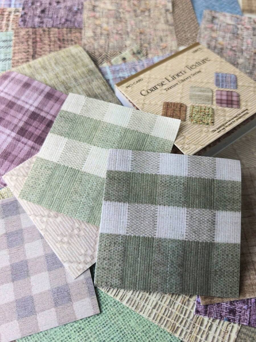 50PCS/1Book Coarse Linen Texture Paper Set - Vintage Plaid Fabric Pattern Background Material Paper Sticker For Scrapbooking Journal Collage - Multicolor - View 1