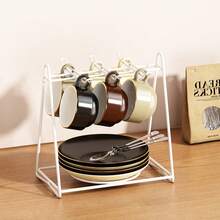 1pc Black Metal Coffee/Tea Cup Holder With Saucer, Coffee Cup Spoon And Tea Tray Storage Box - Multicolor - View 10