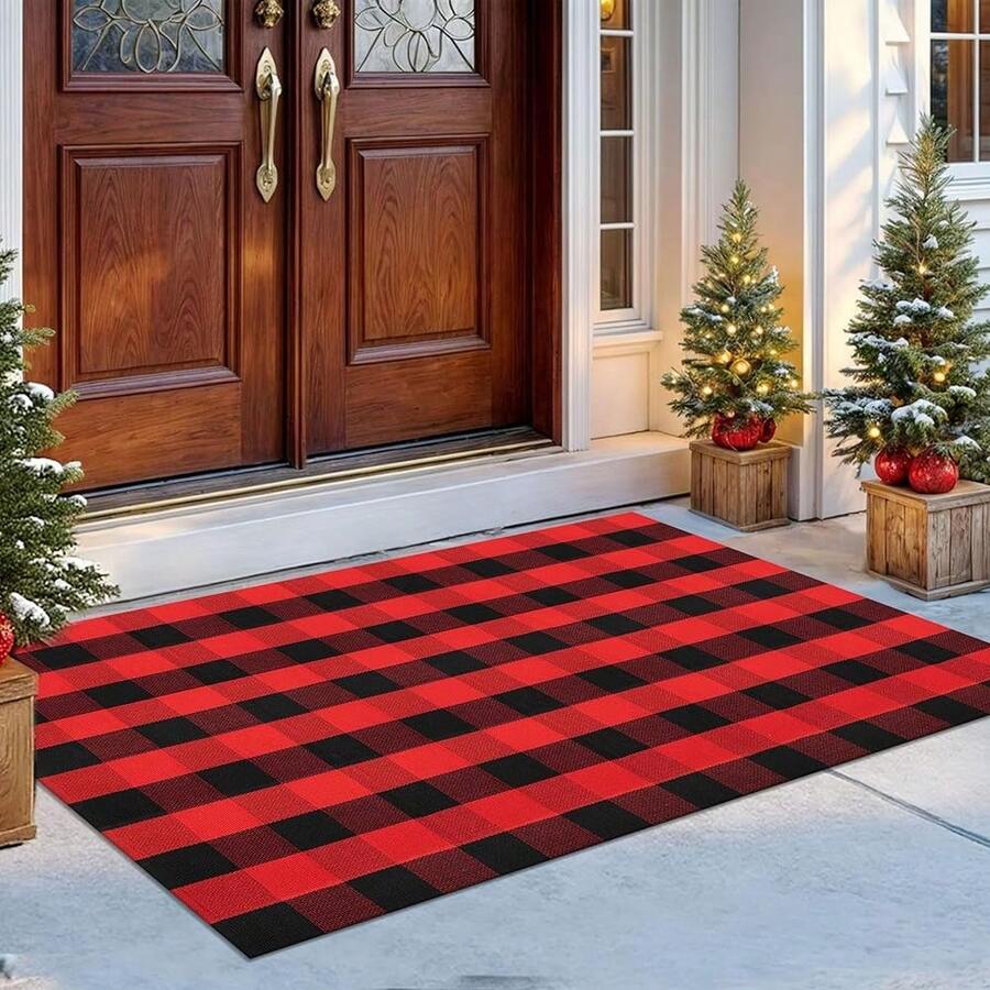 IOHOUZE Christmas Buffalo Plaid Rug 4x6 Ft Outdoor Indoor Rug Red Black Check Washable Area Rug Woven Cotton Checkered Front Porch Mat Christmas Decor For Front Door Entryway Living Room,One-Size,RedandBlack4x6Rectangular - 紅黑相間4x6長方形 - 查看 1