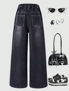 Tween Girls' Pocketed Loose Fit Casual Washed Wide Leg Jeans - Black - View 3