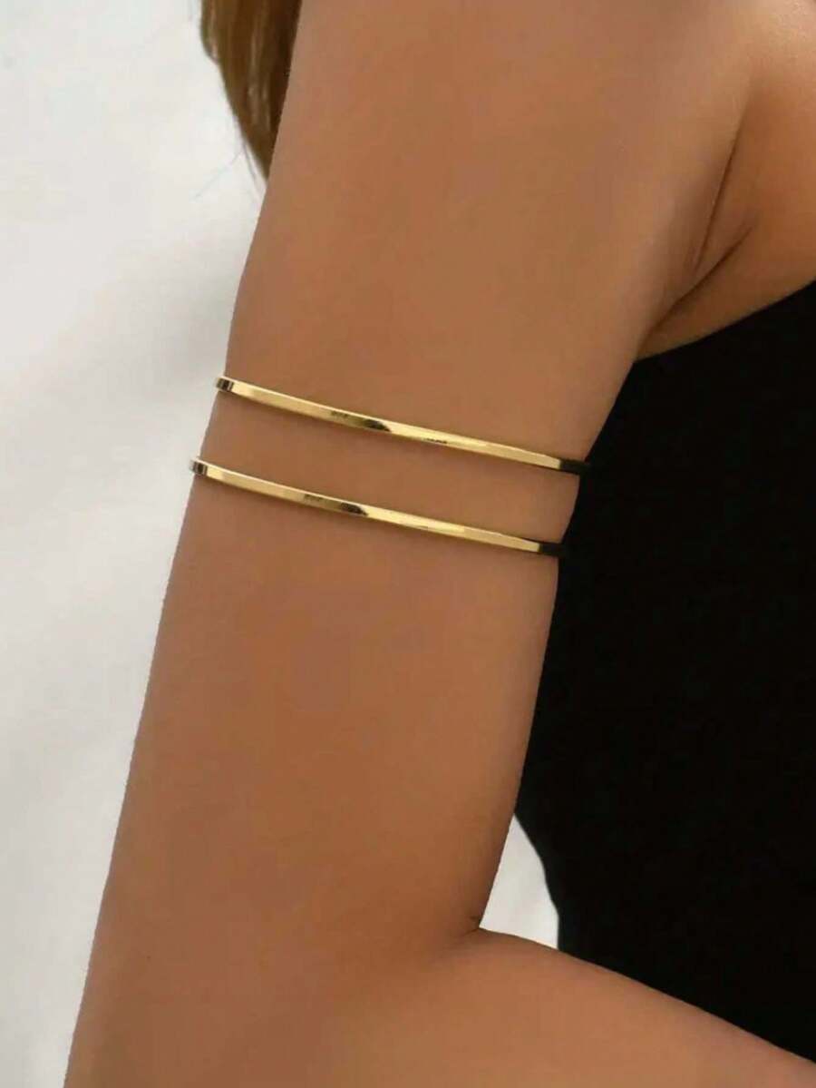 1pc Geometric Open Bangle Bracelet, Unique Design Women Arm Cuff, Suitable For Daily Wear, Wedding, Party, Holiday Gift - Yellow Gold - View 1