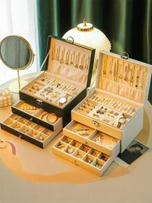 1 pieza Caja de joyería de cuero PU con múltiples capas en forma de rombo, caja de almacenamiento de joyas de gran capacidad y lujo, caja de joyas con cerradura, caja de joyas antioxidante, estante de exhibición de 2 niveles, caja de exhibición de joyas, caja de joyas de gran capacidad de 3 capas, caja de joyas de cuero PU multifuncional, caja de relojes con cerradura, caja de almacenamiento de joyas portátil - Multicolor - Ver 5