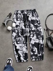 男士随机泼墨印花工装裤，宽松抽绳阔腿裤，多口袋设计，适合健身、锻炼、跑步、户外活动、休闲穿着，春秋季款。 - 黑色 - 查看 1