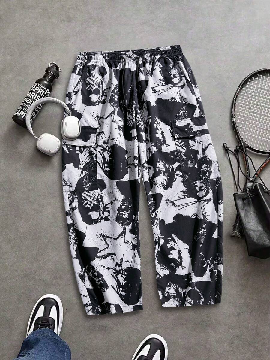男士随机泼墨印花工装裤，宽松抽绳阔腿裤，多口袋设计，适合健身、锻炼、跑步、户外活动、休闲穿着，春秋季款。 - 黑色 - 查看 1