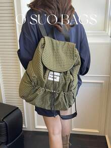 Large Capacity Fashionable Plaid Multi-Pocket Nylon Casual Backpack, Waterproof Lightweight Foldable Drawstring Patch Letter Travel Bag, Summer