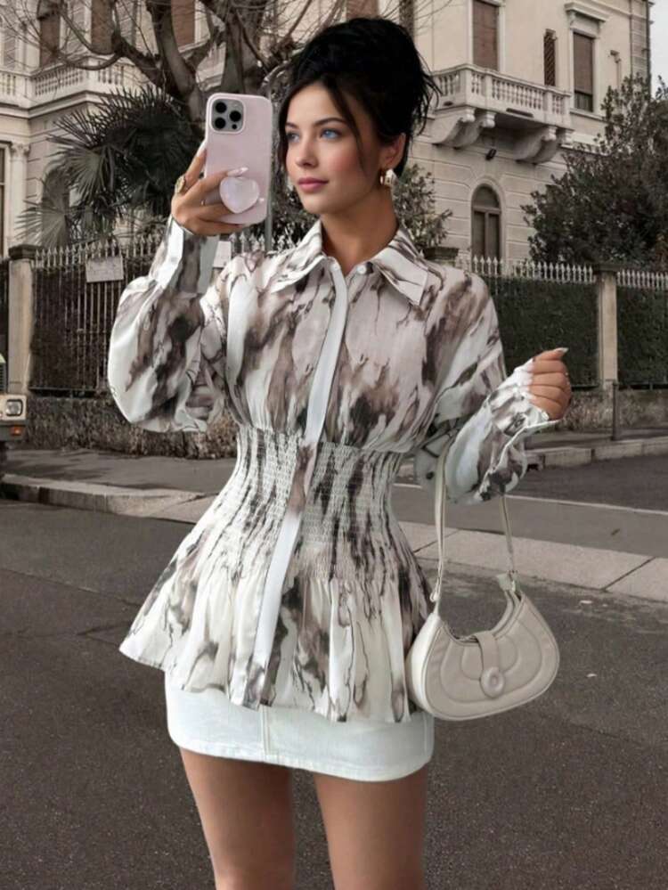 女士印花长袖优雅衬衫，适合通勤、商务休闲、圣诞派对、度假、约会和新年等场合，春季服装 - 杏色 - 查看 8