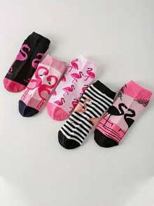 5 Pairs Flamingo Cartoon Animal Colorful Unisex Ankle Socks, Versatile Low-Cut Short Socks For Spring/Summer - Multicolor - View 1